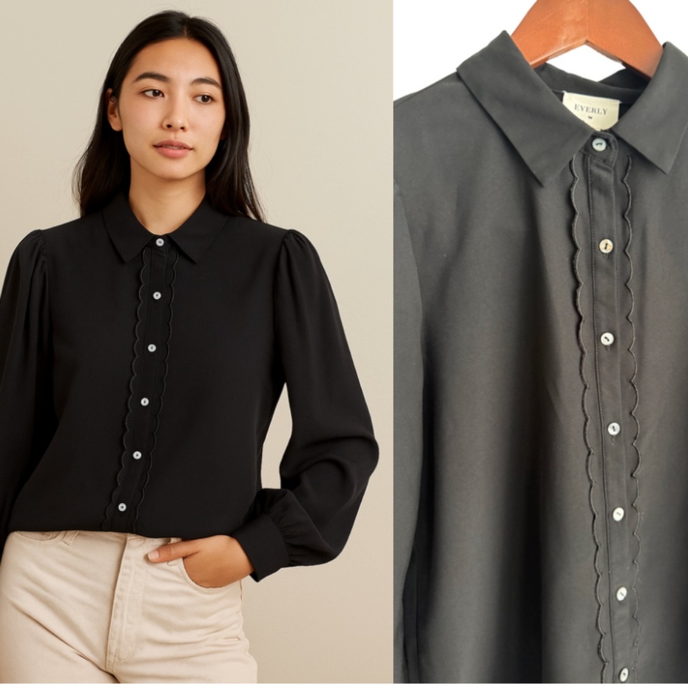 NWOT Everly Scallop Trim Collared Long Sleeve Button Down Blouse Womens Small